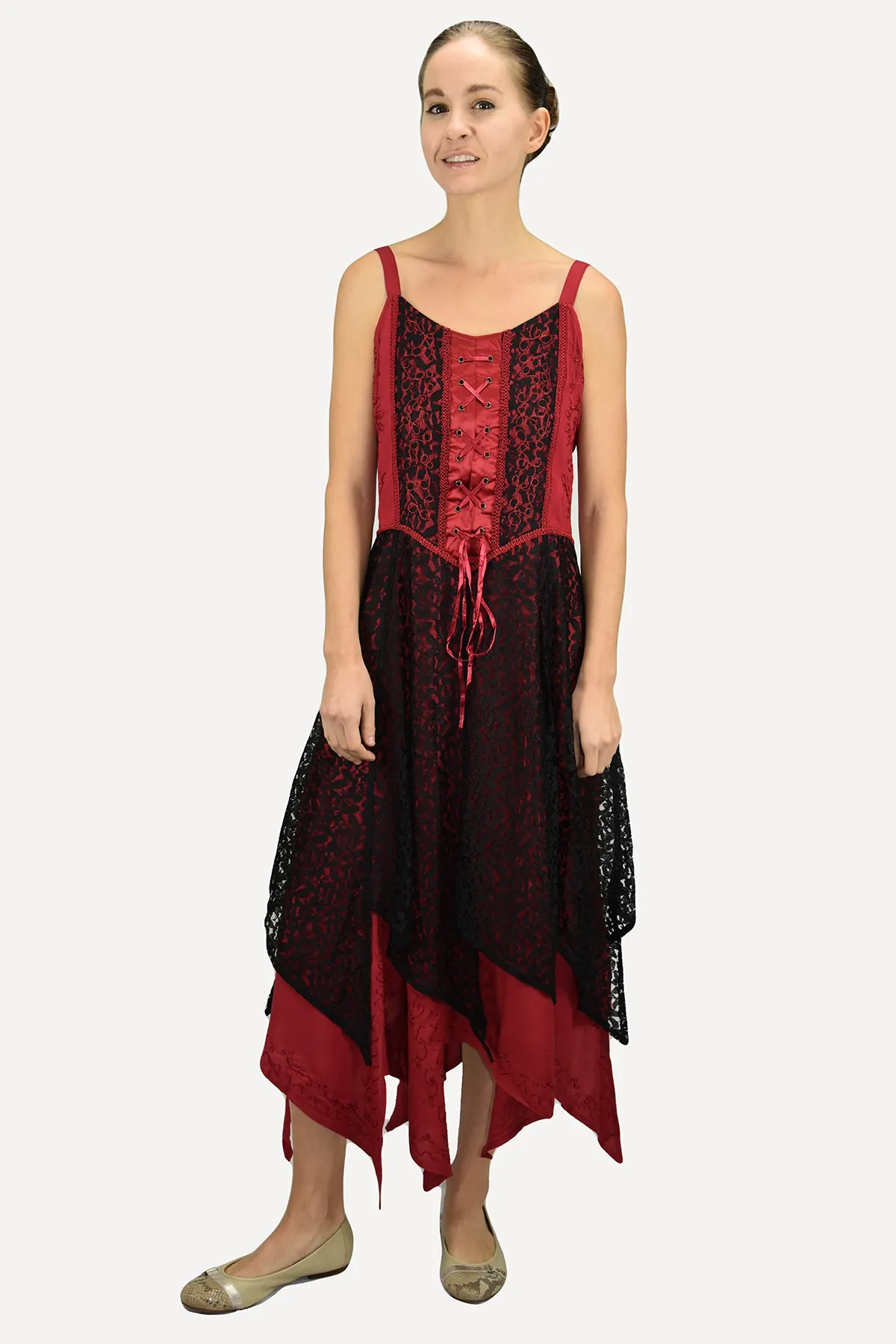 008 DR Net Overlay Spaghetti Strap corset Summer Mid Calf Dress
