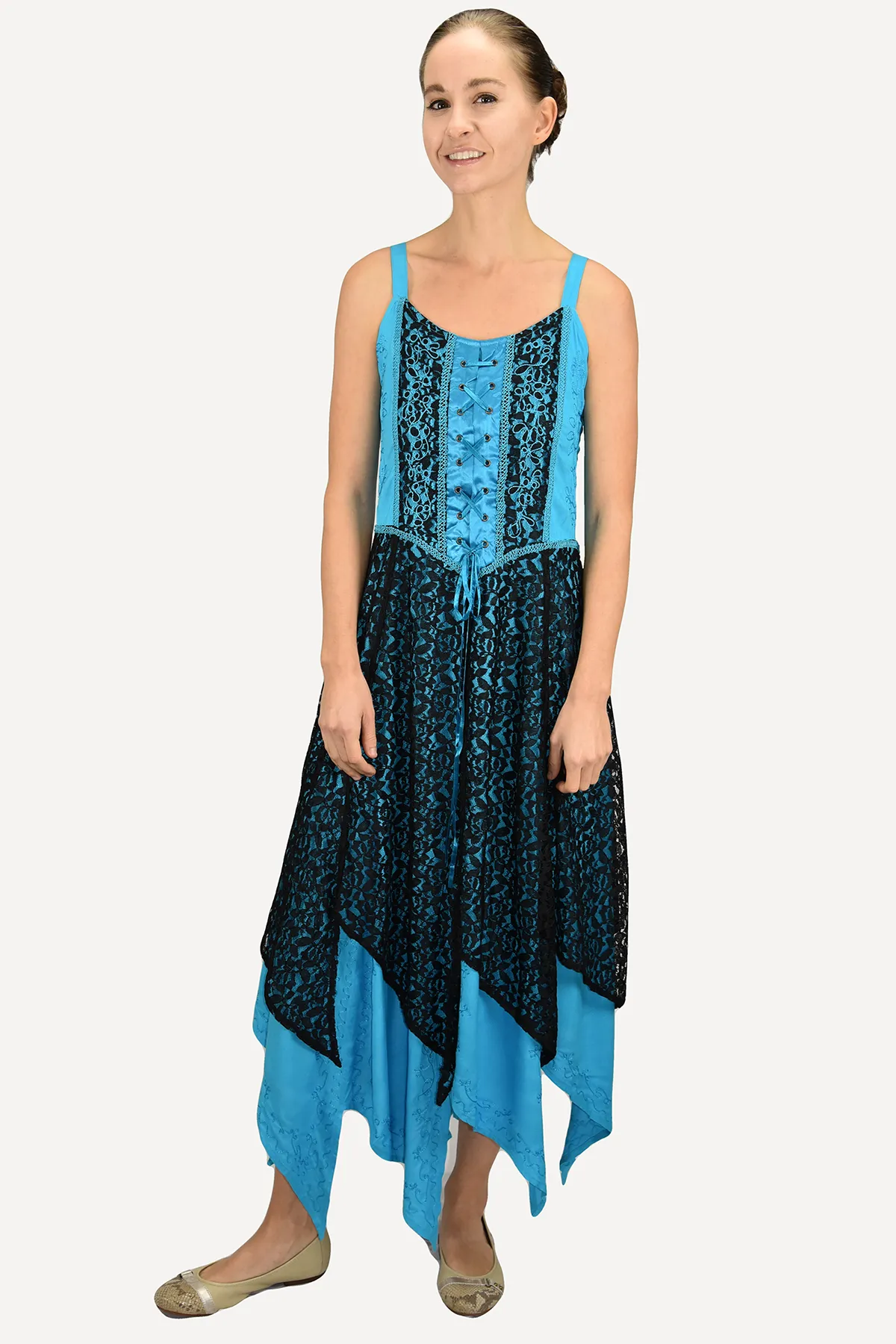 008 DR Net Overlay Spaghetti Strap corset Summer Mid Calf Dress