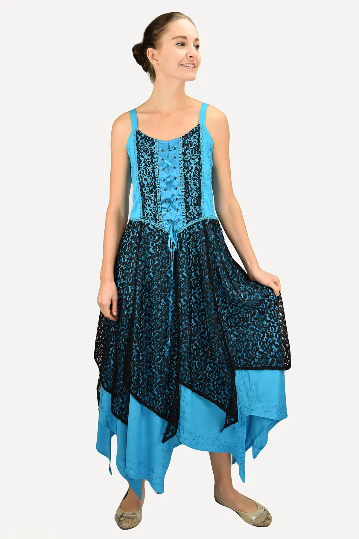 008 DR Net Overlay Spaghetti Strap corset Summer Mid Calf Dress