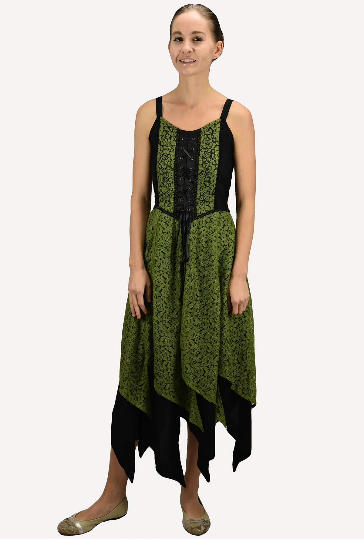 008 DR Net Overlay Spaghetti Strap corset Summer Mid Calf Dress