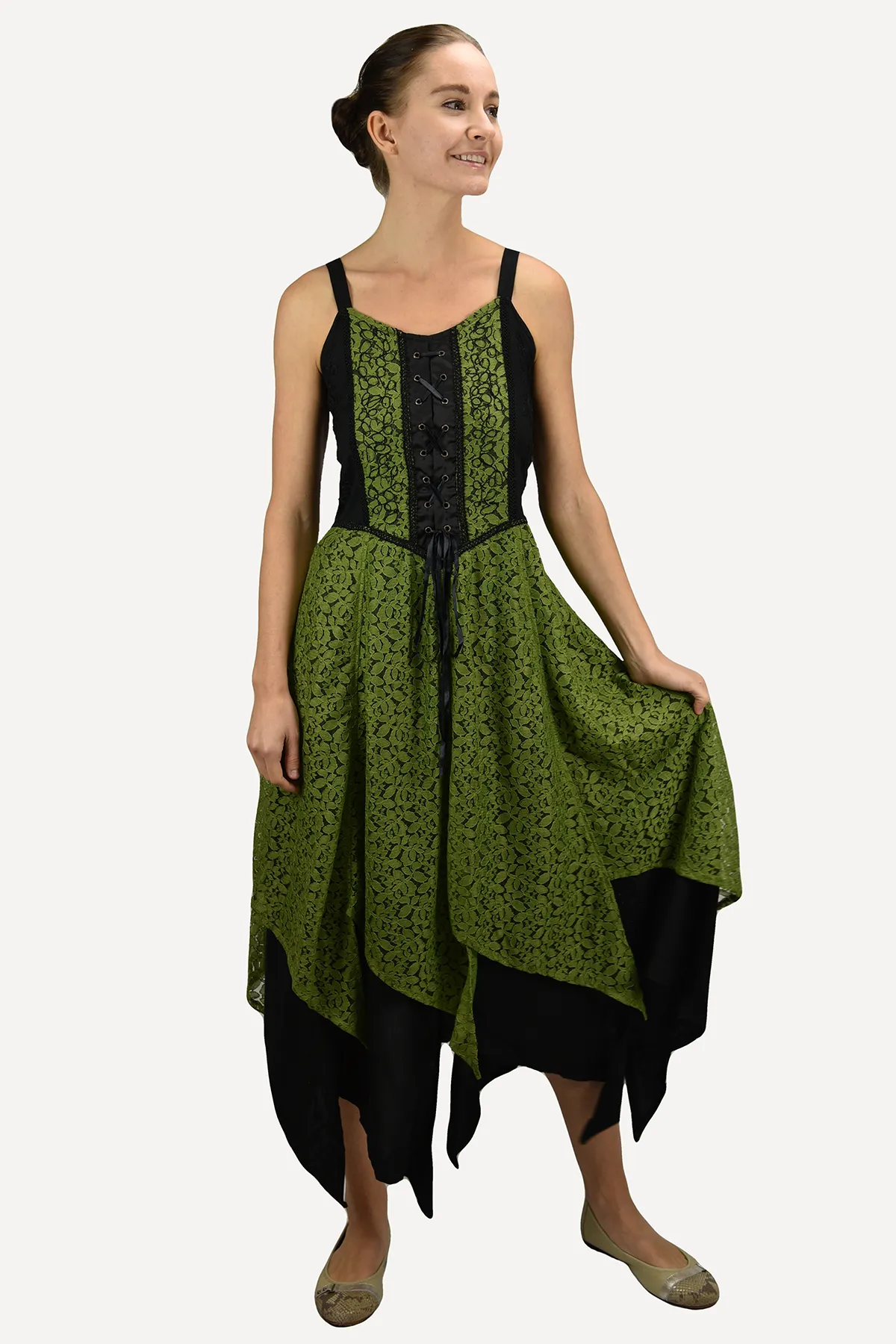 008 DR Net Overlay Spaghetti Strap corset Summer Mid Calf Dress