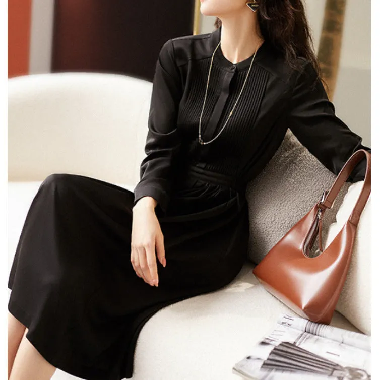 2025 Acetate dress, high-end black  retro pleated/tucker pleated solid color long-sleeved women's spring skirt