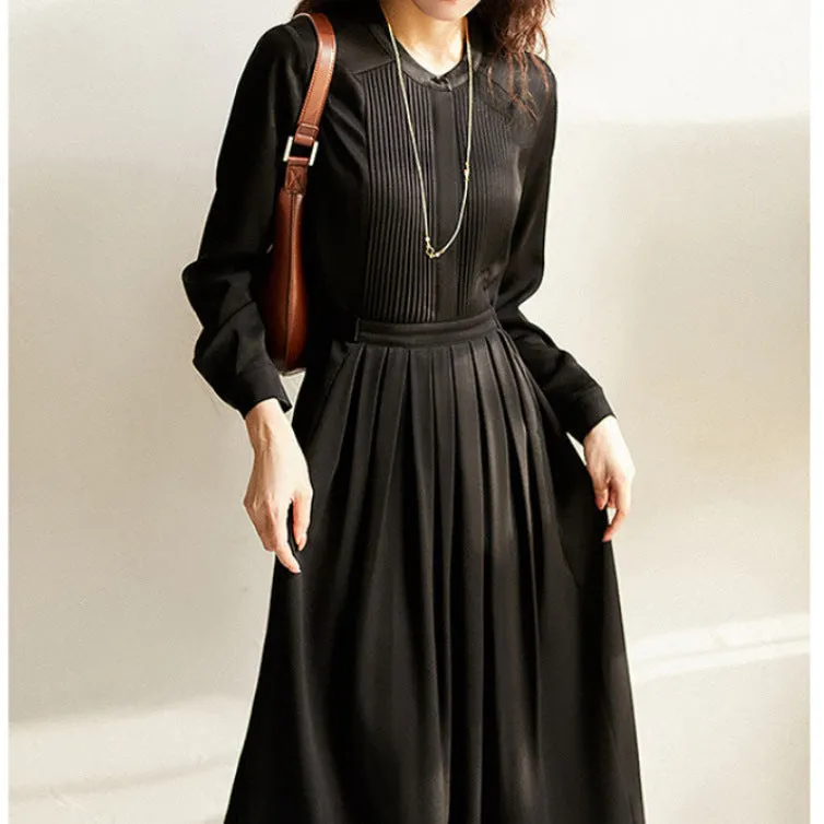 2025 Acetate dress, high-end black  retro pleated/tucker pleated solid color long-sleeved women's spring skirt
