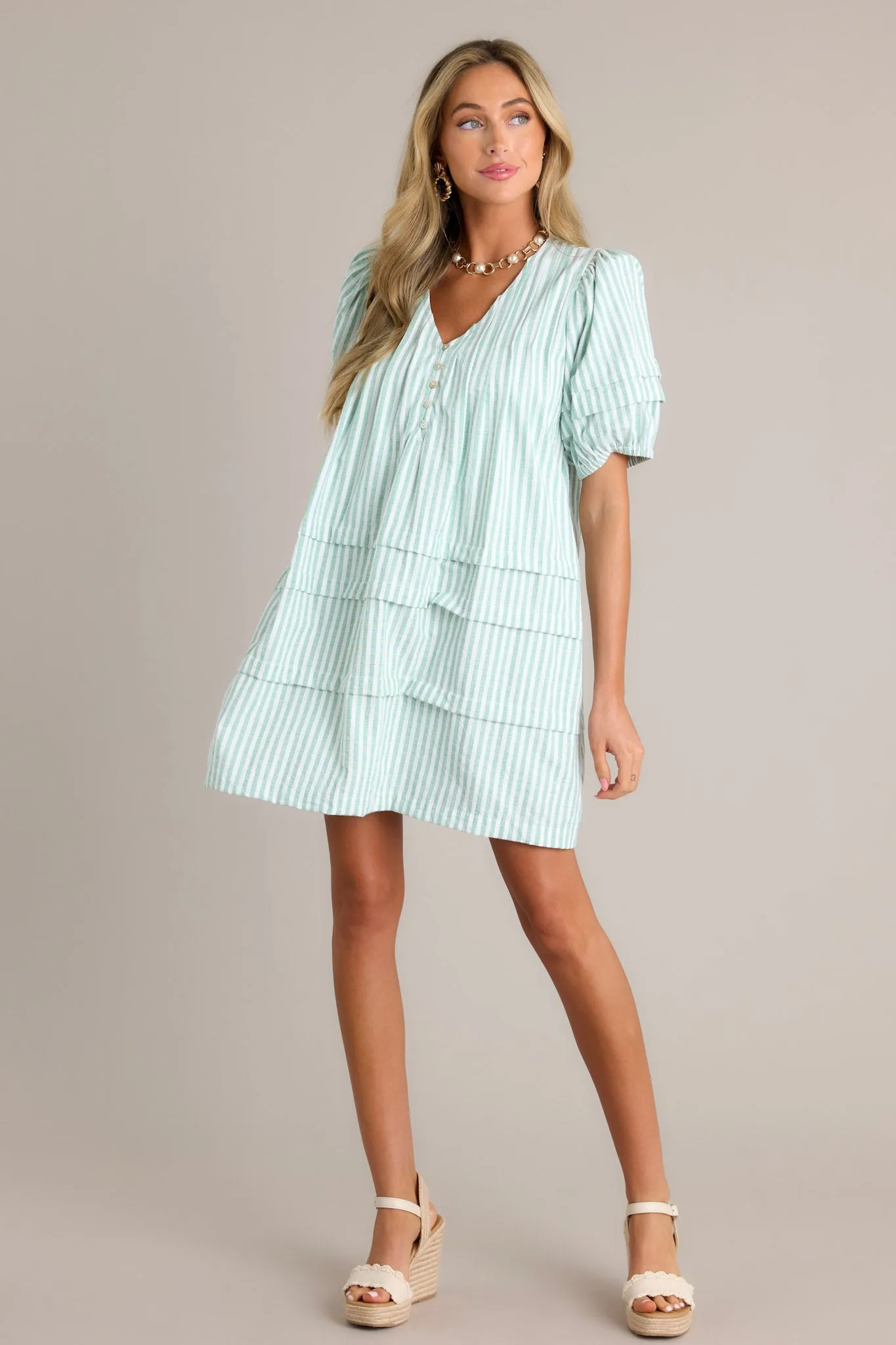 Adore You Mint Green Stripe Puff Sleeve Mini Dress