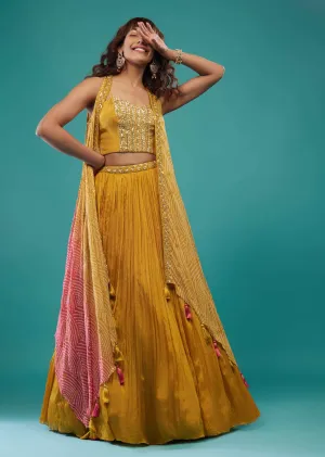 Amber Yellow Embroidered Skirt Crop-Top Set In Chinon