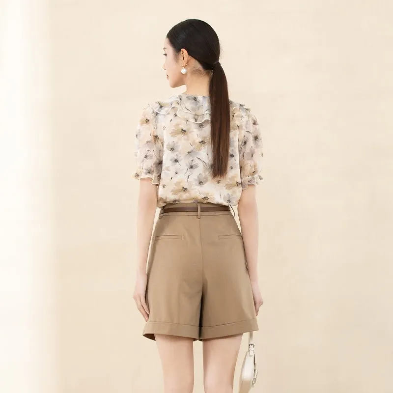 Beige Cuffed Puff Ruffles Printed T-shirt