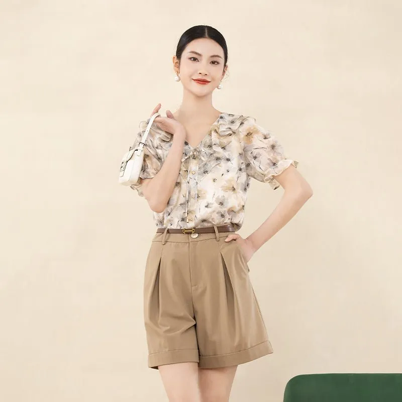 Beige Cuffed Puff Ruffles Printed T-shirt