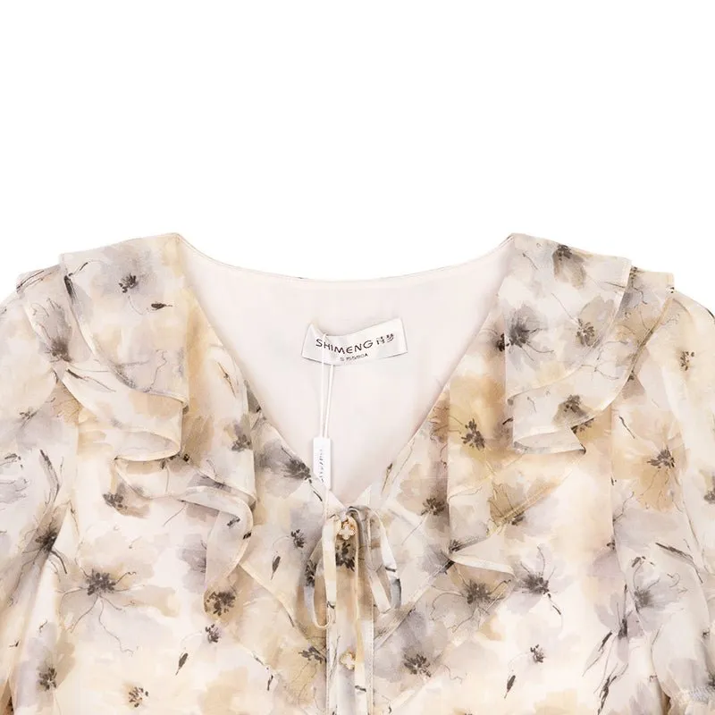 Beige Cuffed Puff Ruffles Printed T-shirt