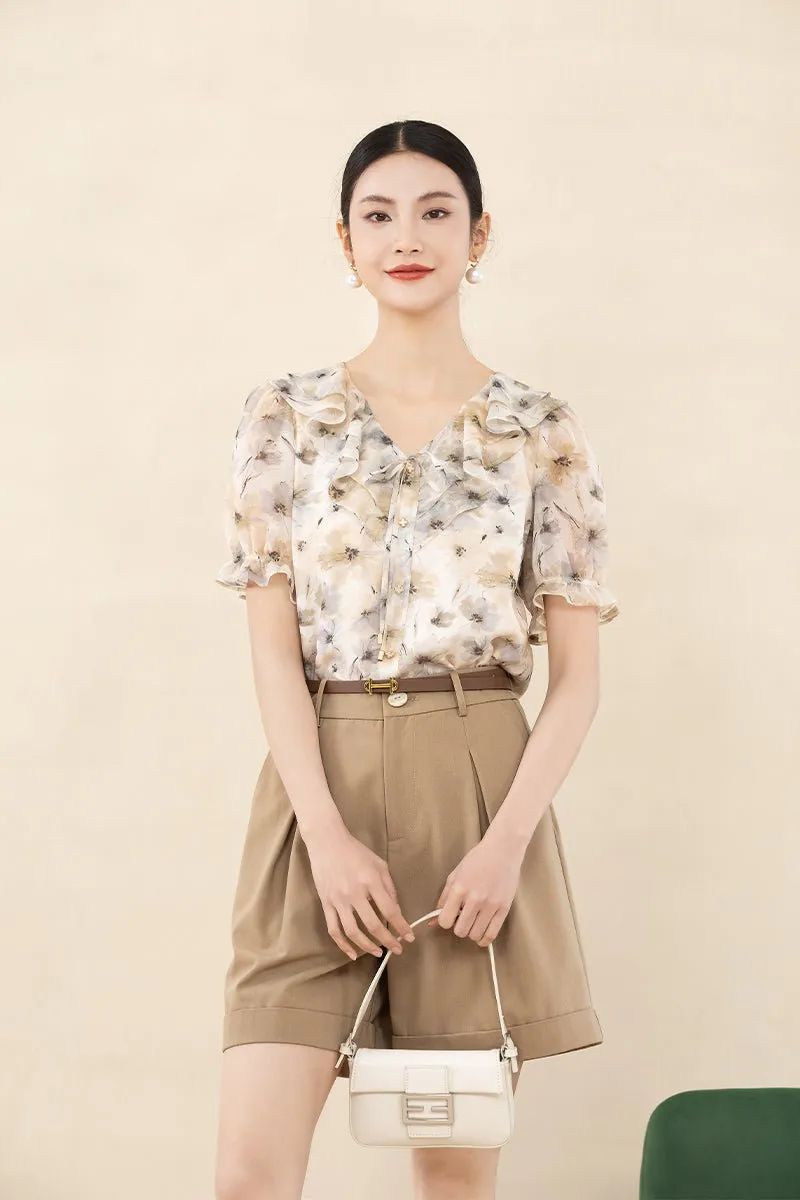 Beige Cuffed Puff Ruffles Printed T-shirt