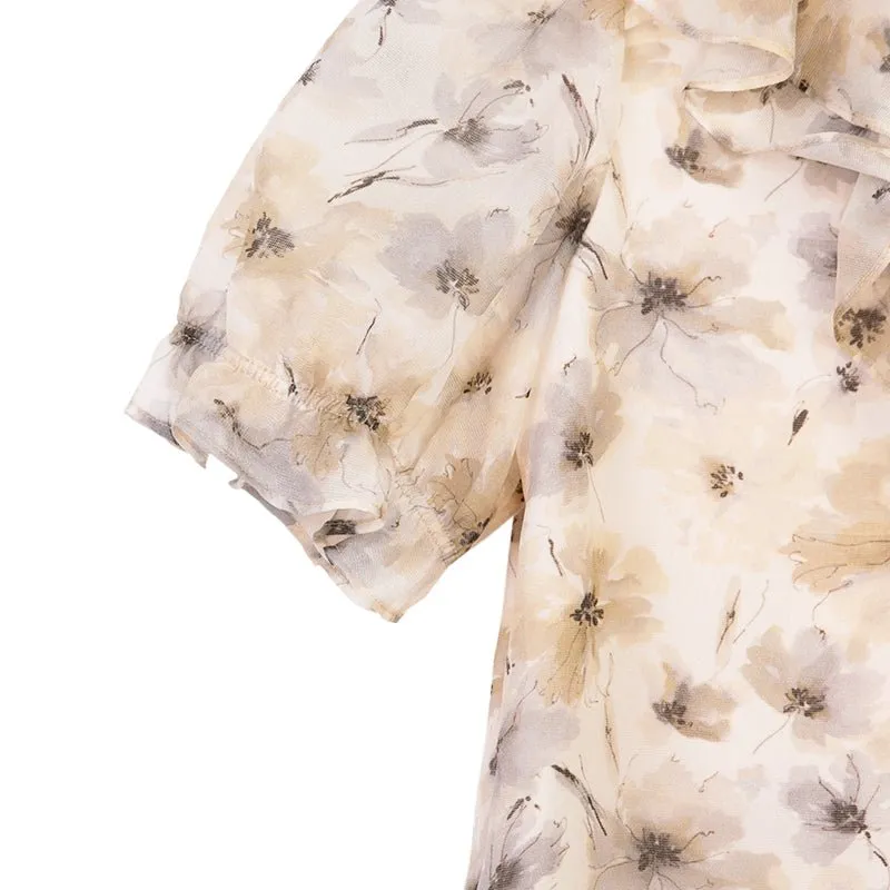 Beige Cuffed Puff Ruffles Printed T-shirt