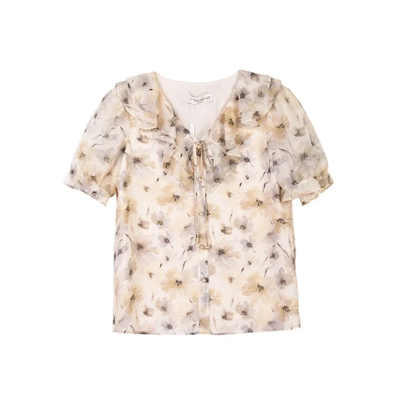 Beige Cuffed Puff Ruffles Printed T-shirt