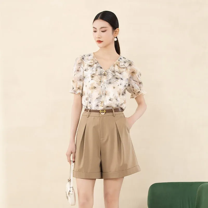 Beige Cuffed Puff Ruffles Printed T-shirt