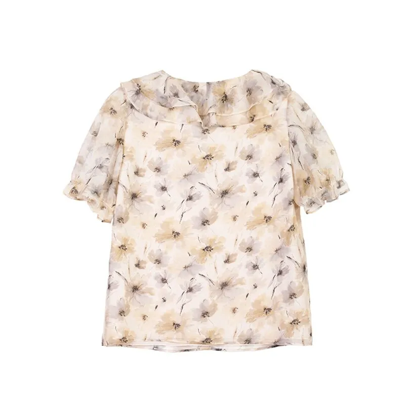 Beige Cuffed Puff Ruffles Printed T-shirt