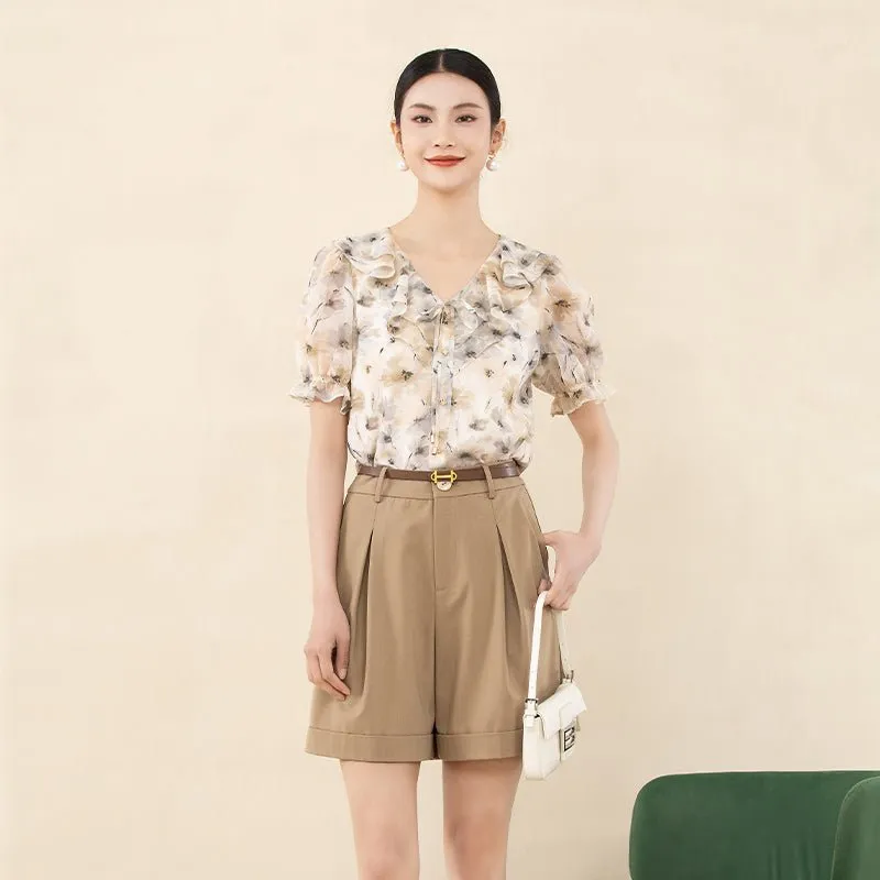Beige Cuffed Puff Ruffles Printed T-shirt