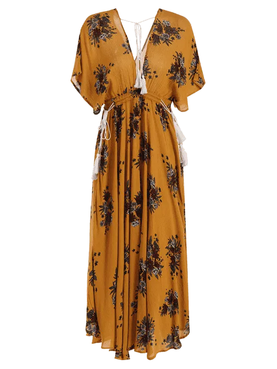 BerryBetty - Beautiful Batwing Floral Cut Out Maxi Dress