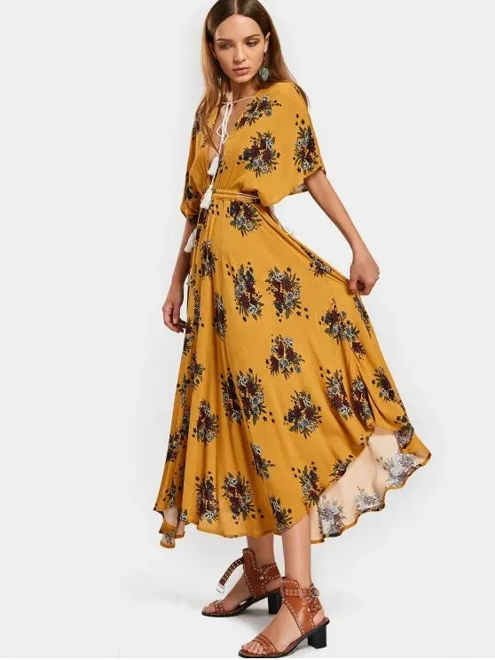 BerryBetty - Beautiful Batwing Floral Cut Out Maxi Dress
