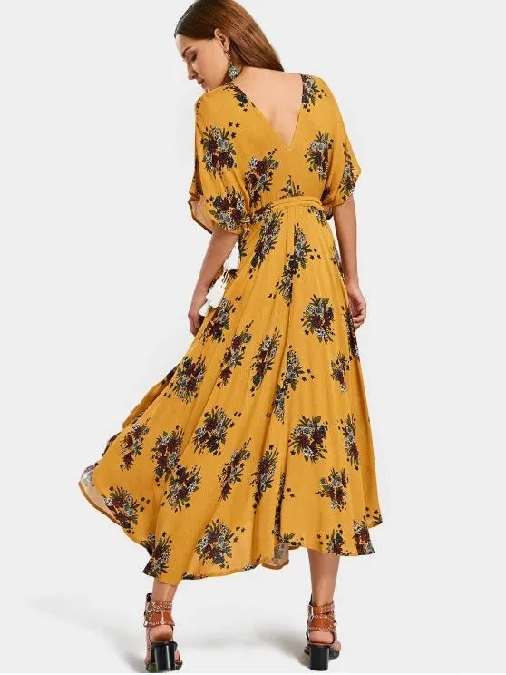 BerryBetty - Beautiful Batwing Floral Cut Out Maxi Dress