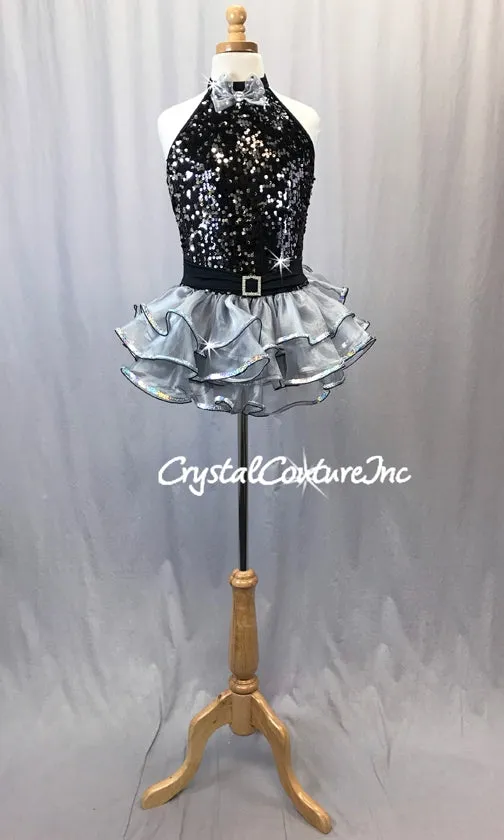 Black & Silver Halter Dress with Ruffled Skirt - Swarovski Rhinestones