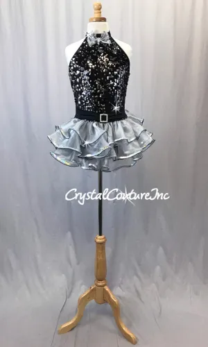 Black & Silver Halter Dress with Ruffled Skirt - Swarovski Rhinestones