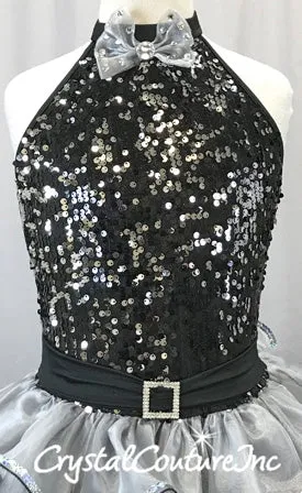 Black & Silver Halter Dress with Ruffled Skirt - Swarovski Rhinestones