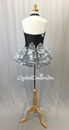 Black & Silver Halter Dress with Ruffled Skirt - Swarovski Rhinestones