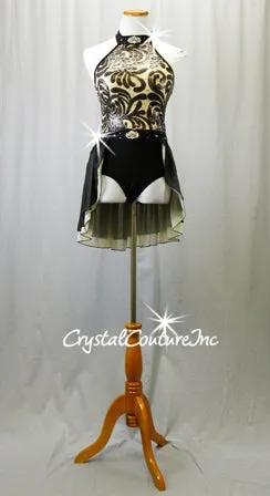 Black and Nude Leotard with Chiffon Back Skirt - Swarovski Rhinestones