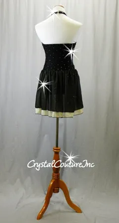 Black and Nude Leotard with Chiffon Back Skirt - Swarovski Rhinestones