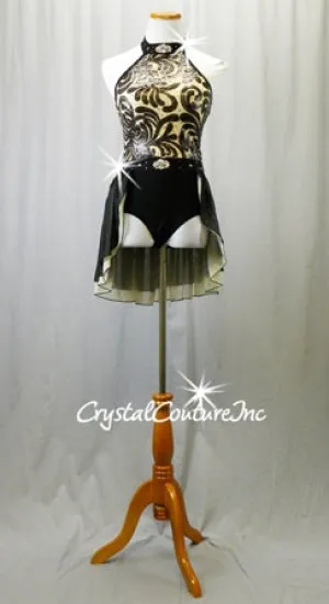 Black and Nude Leotard with Chiffon Back Skirt - Swarovski Rhinestones