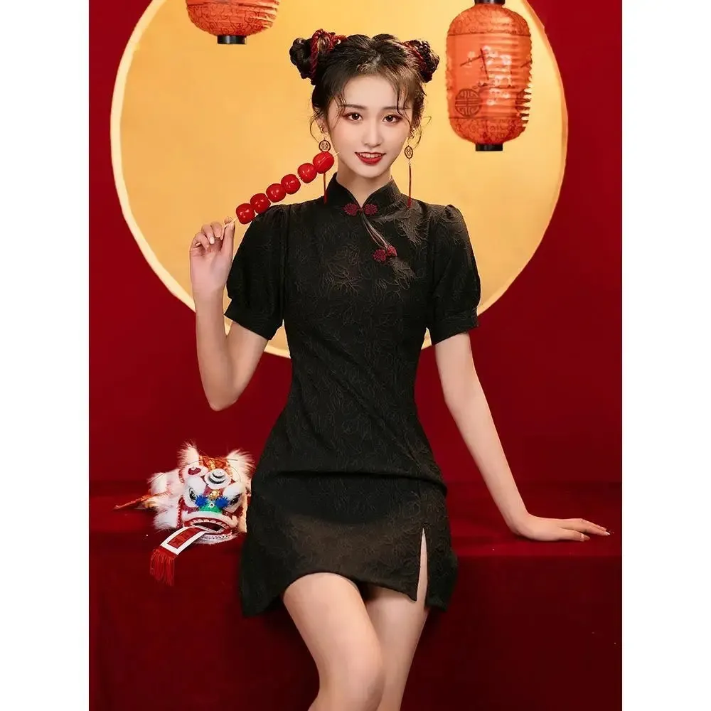 Bonnyshow  GuoChao Modern Chinese  Dress for Girls Cheongsam A-line Dress Women Qipao Traditional Chinese Improved Cheongsam Dress