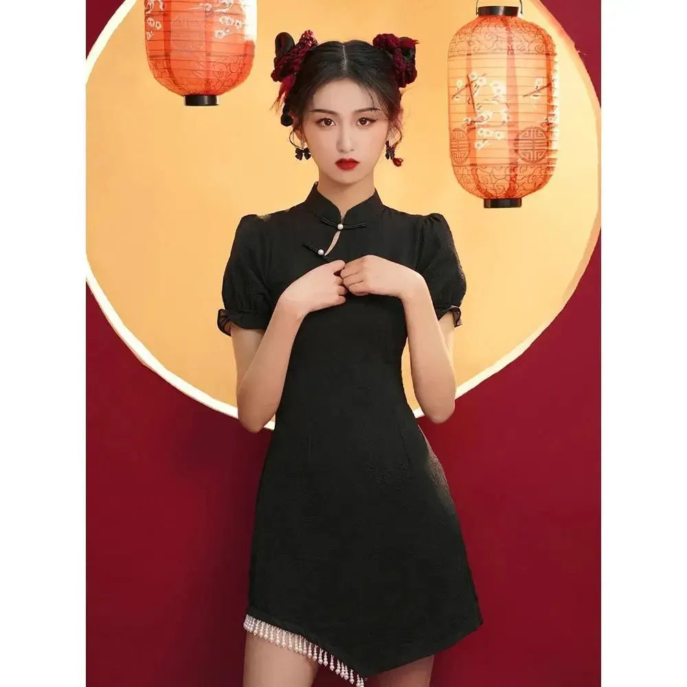 Bonnyshow  GuoChao Modern Chinese  Dress for Girls Cheongsam A-line Dress Women Qipao Traditional Chinese Improved Cheongsam Dress