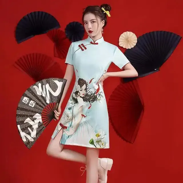 Bonnyshow  GuoChao Modern Chinese  Dress for Girls Cheongsam A-line Dress Women Qipao Traditional Chinese Improved Cheongsam Dress