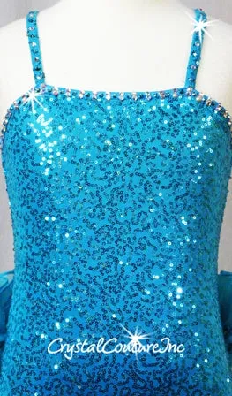 Bright Teal Blue Zsa Zsa Sequin Leotard with Tulle Ruffle Back Skirt - Swarovski Rhinestones