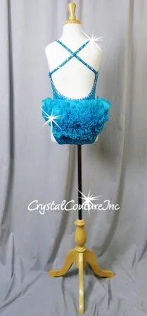 Bright Teal Blue Zsa Zsa Sequin Leotard with Tulle Ruffle Back Skirt - Swarovski Rhinestones