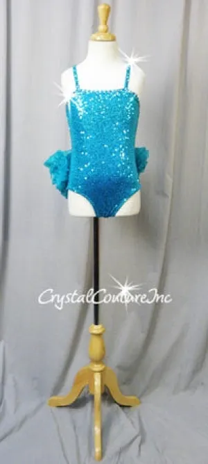 Bright Teal Blue Zsa Zsa Sequin Leotard with Tulle Ruffle Back Skirt - Swarovski Rhinestones