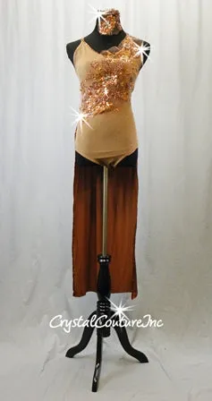 Brown Leotard with Embroidered Floral Applique and Long Back Skirt - Rhinestones