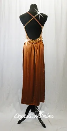 Brown Leotard with Embroidered Floral Applique and Long Back Skirt - Rhinestones