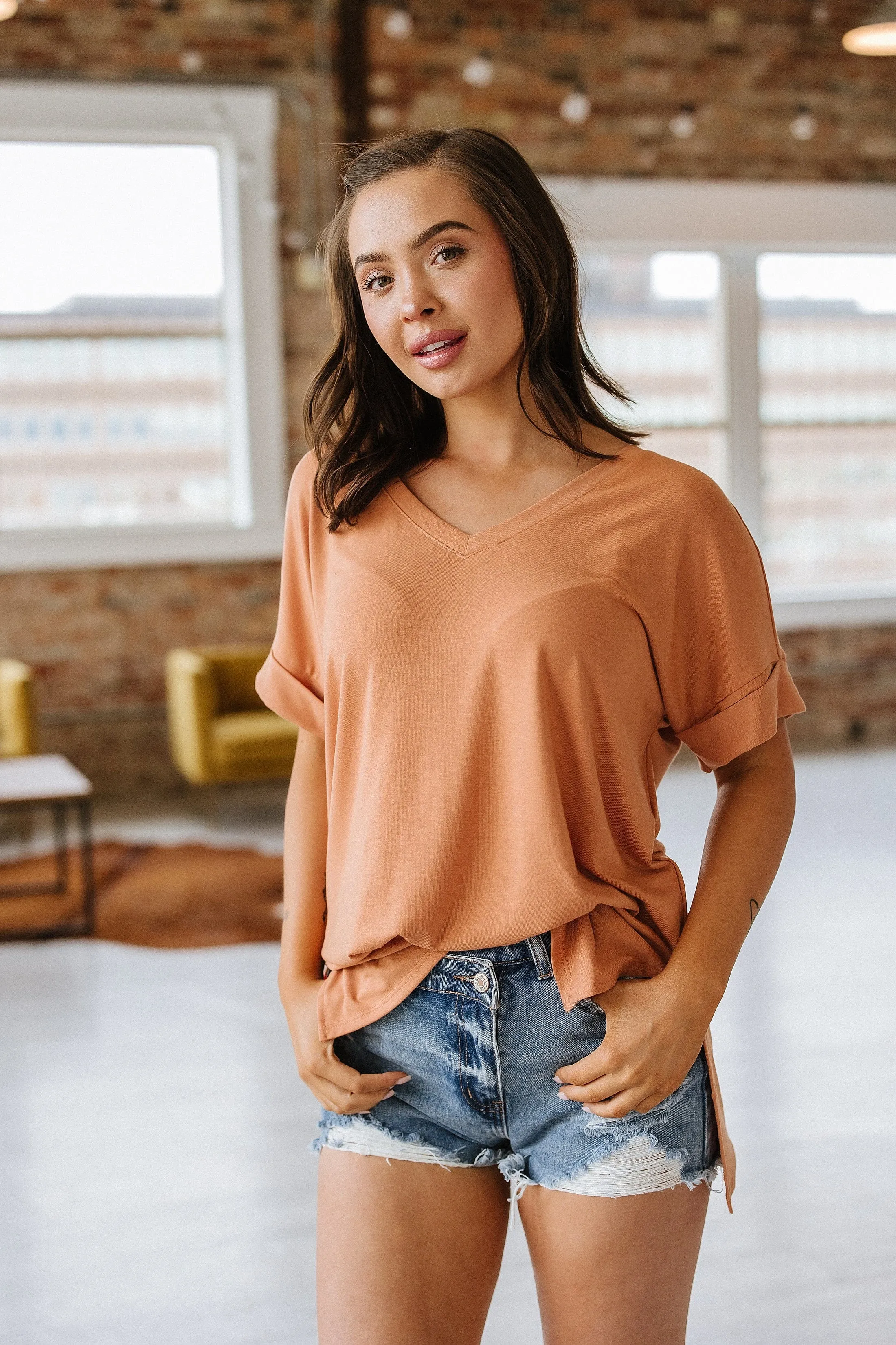 Camille Cuffed Sleeve V-Neck |  S-XL