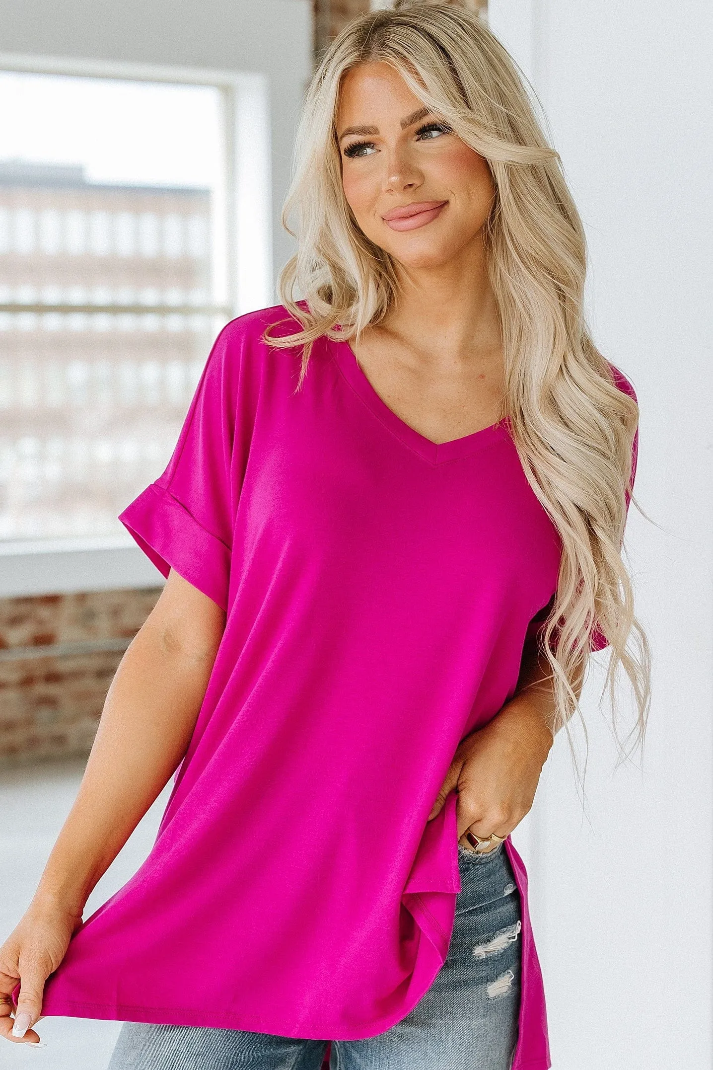 Camille Cuffed Sleeve V-Neck |  S-XL