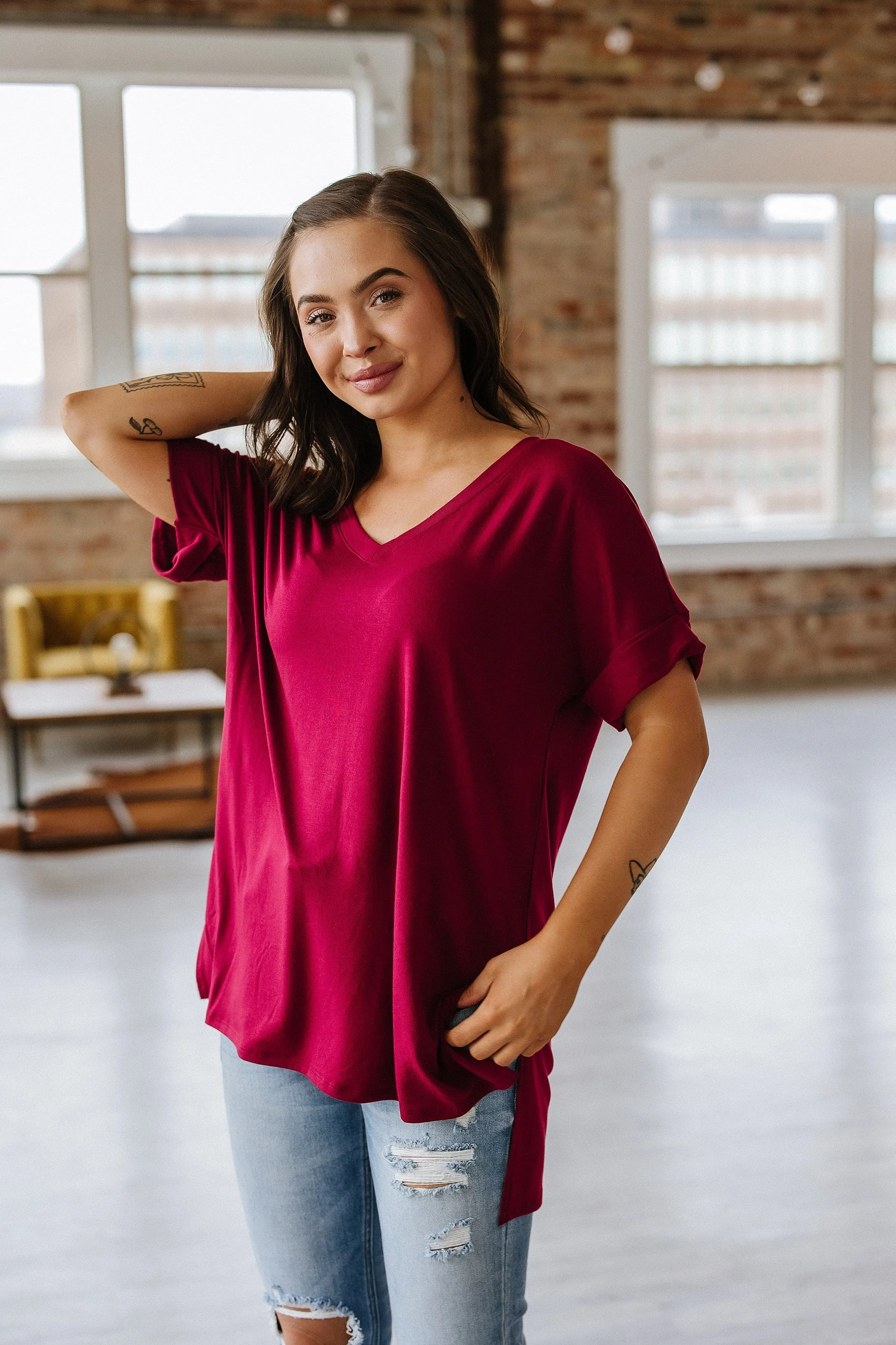 Camille Cuffed Sleeve V-Neck |  S-XL