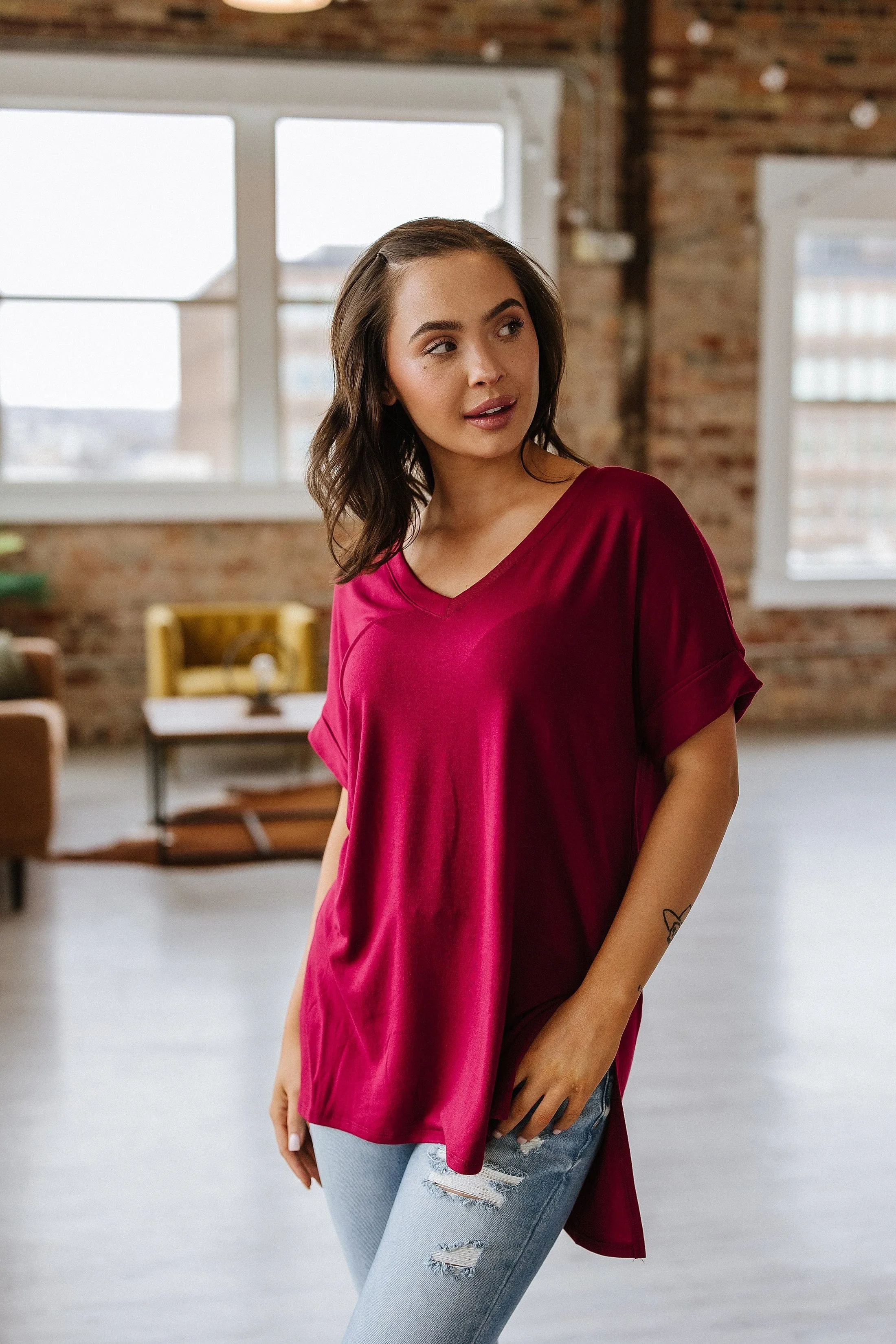 Camille Cuffed Sleeve V-Neck |  S-XL