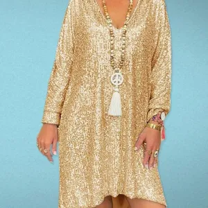 Casual Solid Color Loose Pullover Sequined Shirt V-neck Long Dress