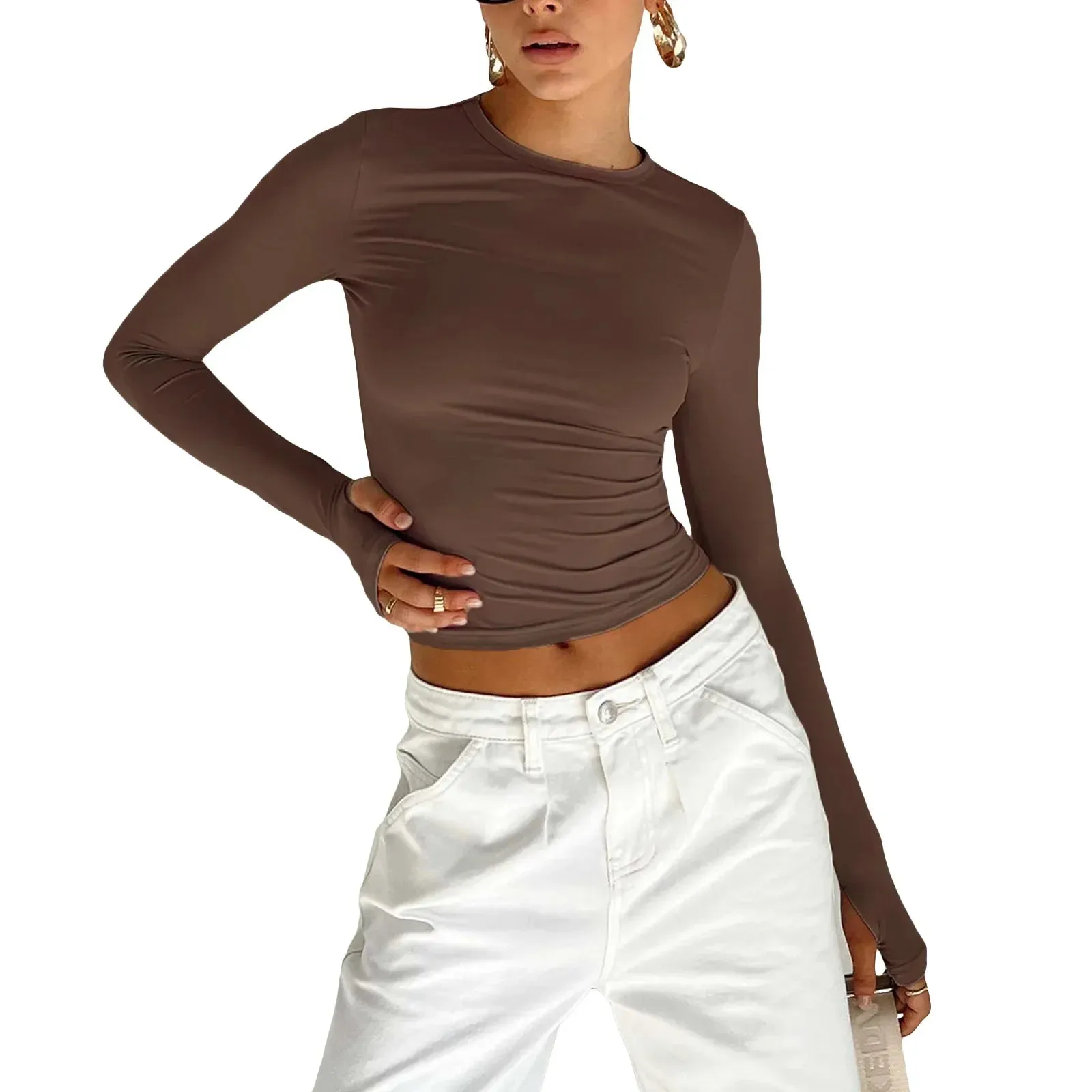 Color Crewneck Slimming Long Sleeve Y2k Polyester Women's T-shirt