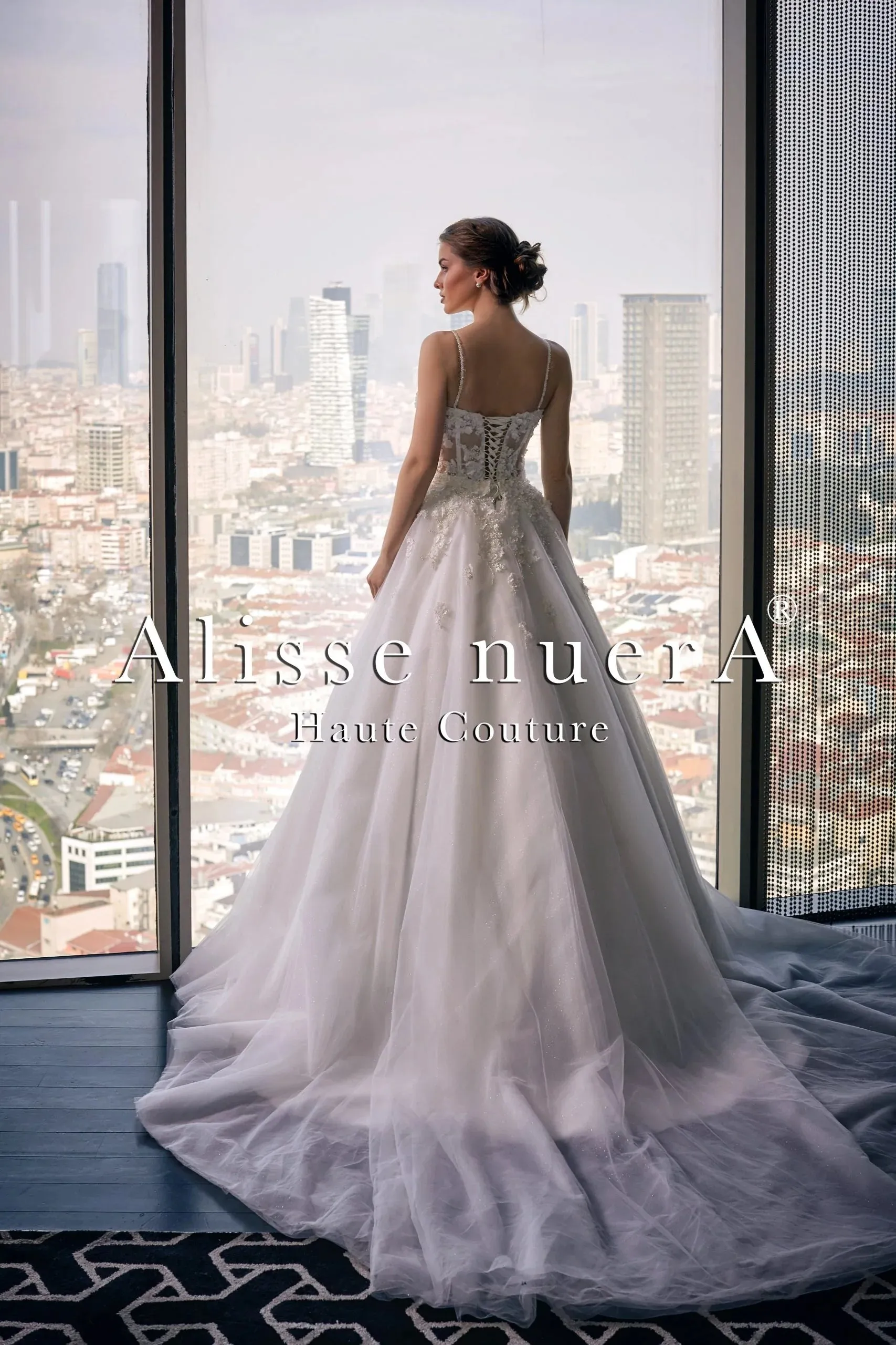 Corset Illusion Spaghetti Strap Floral Off White Bridal Dress with Shimmering Tulle Skirt
