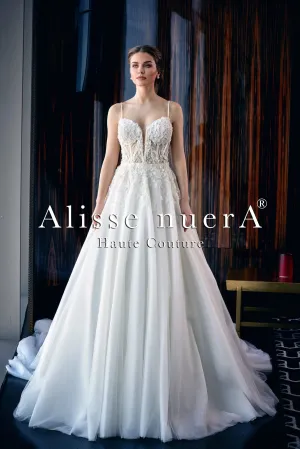 Corset Illusion Spaghetti Strap Floral Off White Bridal Dress with Shimmering Tulle Skirt