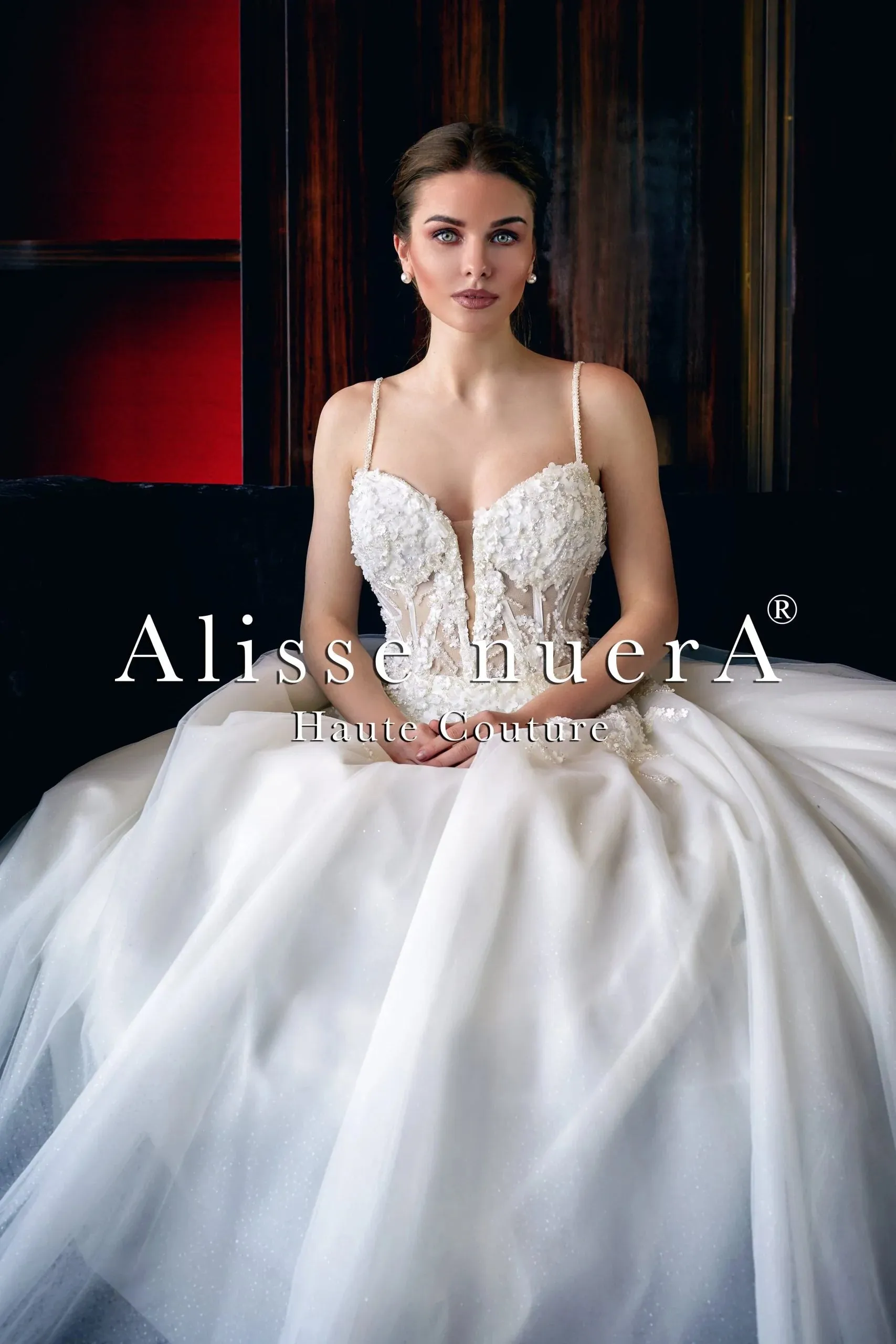 Corset Illusion Spaghetti Strap Floral Off White Bridal Dress with Shimmering Tulle Skirt