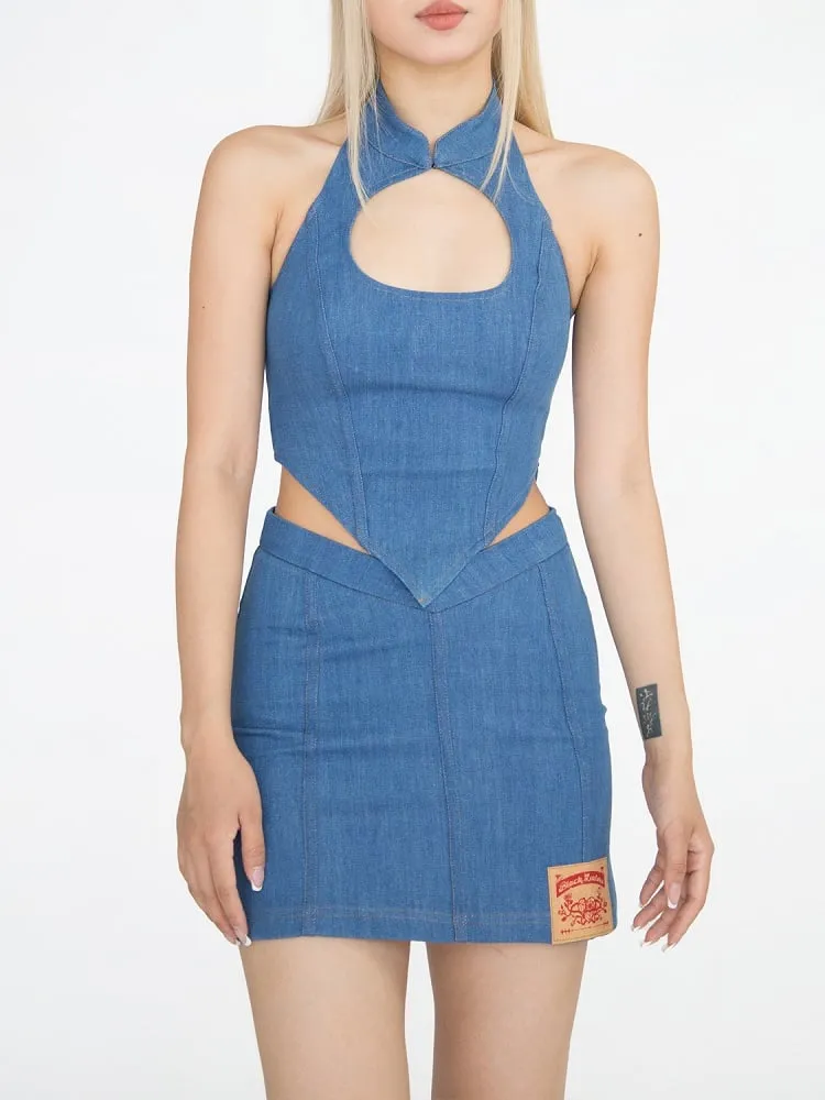 Denim Blue Pointed Waistband Waist Slim-fitting Glamorous Skirt