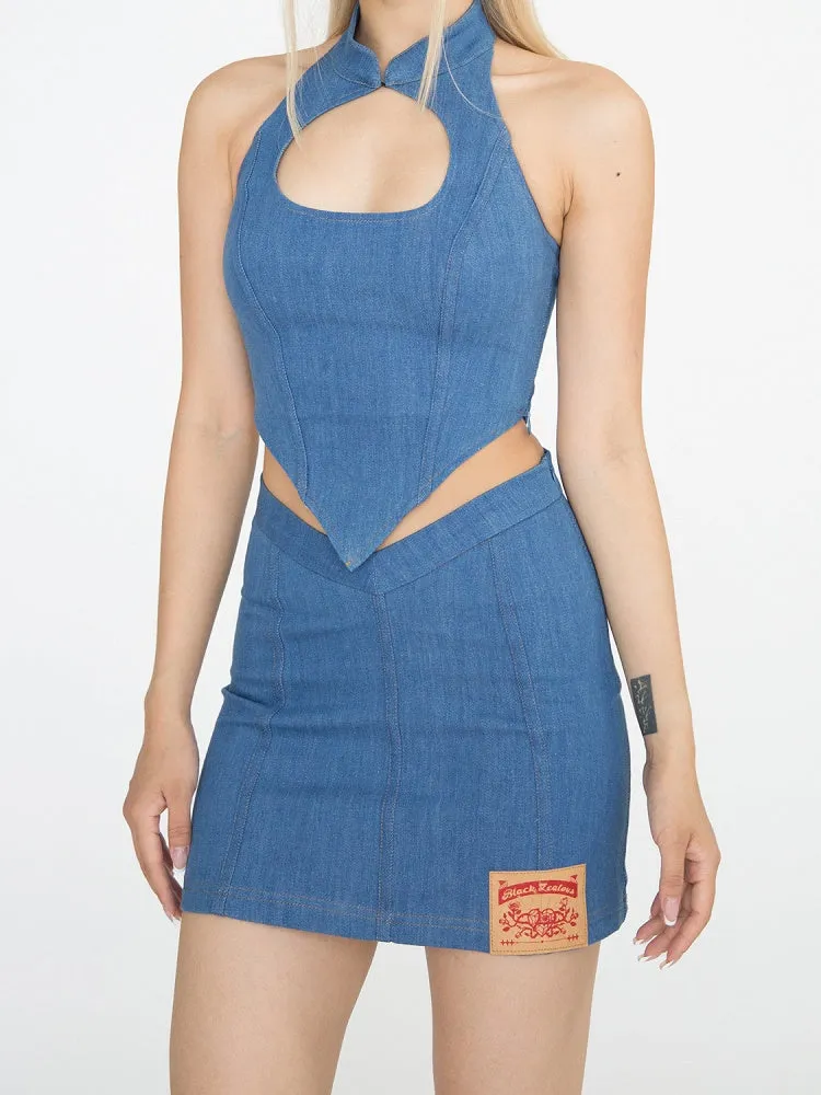 Denim Blue Pointed Waistband Waist Slim-fitting Glamorous Skirt