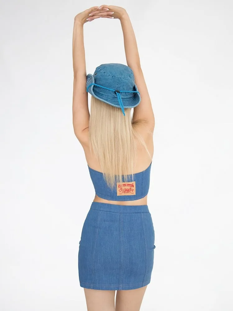 Denim Blue Pointed Waistband Waist Slim-fitting Glamorous Skirt
