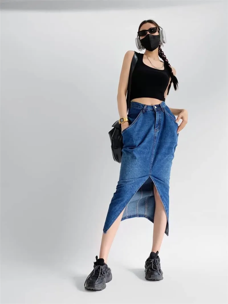 Denim Skirt with Oversized Pocket and Front Slit
