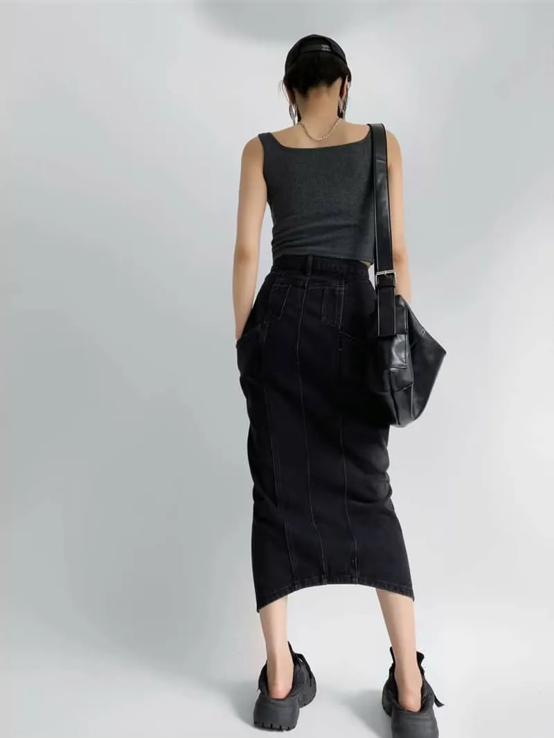 Denim Skirt with Oversized Pocket and Front Slit